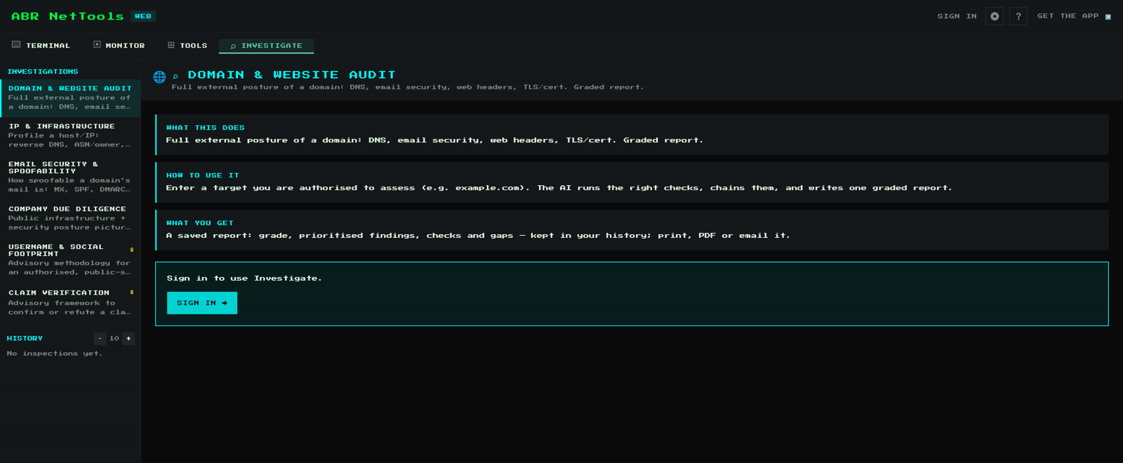 NetTools — the Investigate AI agent running a Domain & Website Audit