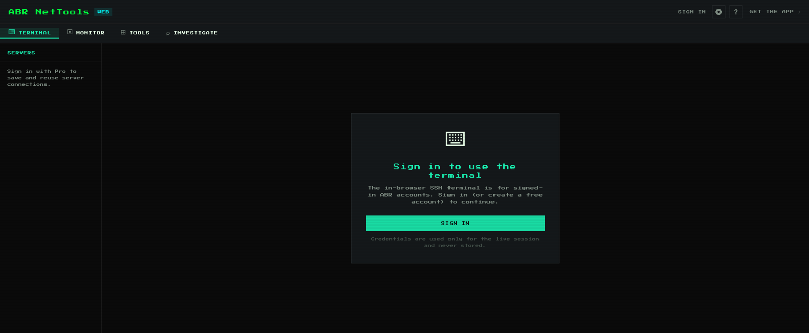 NetTools — the in-browser SSH terminal with a saved-servers sidebar
