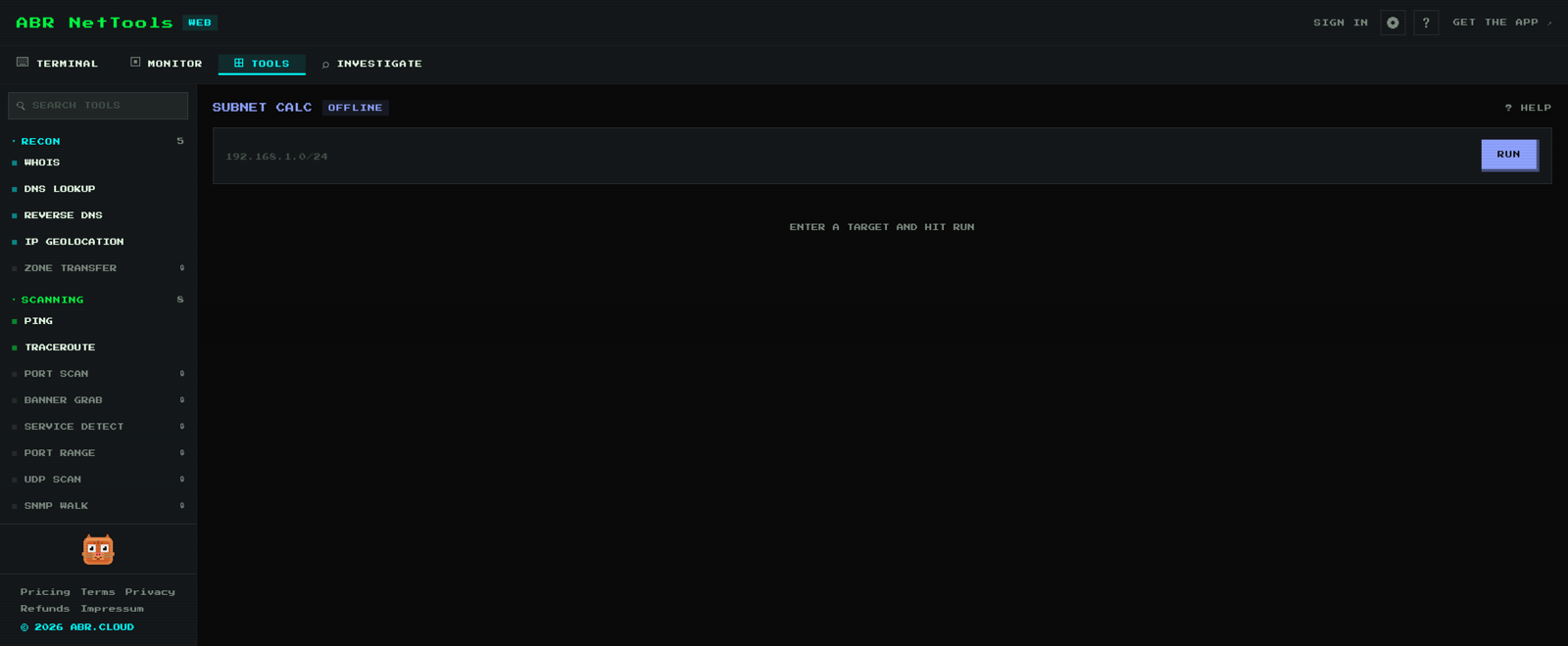 NetTools — the Tools workspace with searchable categories and Subnet Calc open